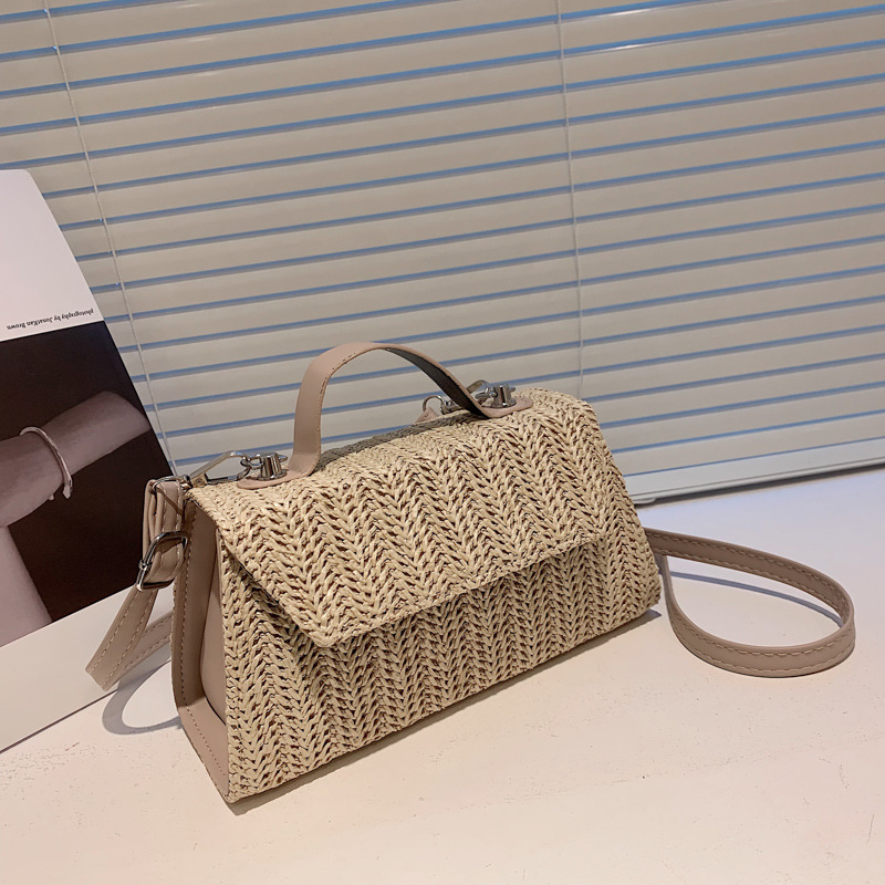 MZ Woven Straw Handbag Women 2022 Spring Retro Small Square Tote Shoulder Crossbody Bag