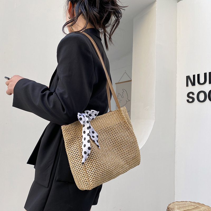 Fashion Silk Scarf Straw Woven Bag Women Spring 2022 New Korean Style Shoulder Crossbody Small Bag - Image 2