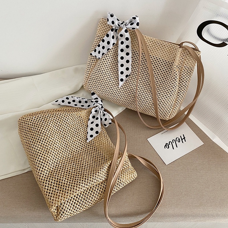 Fashion Silk Scarf Straw Woven Bag Women Spring 2022 New Korean Style Shoulder Crossbody Small Bag - Image 4