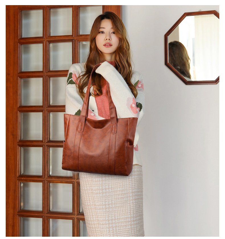 Large Soft PU Tote Bag for Women Casual Solid Bucket Shoulder Bag - Image 2