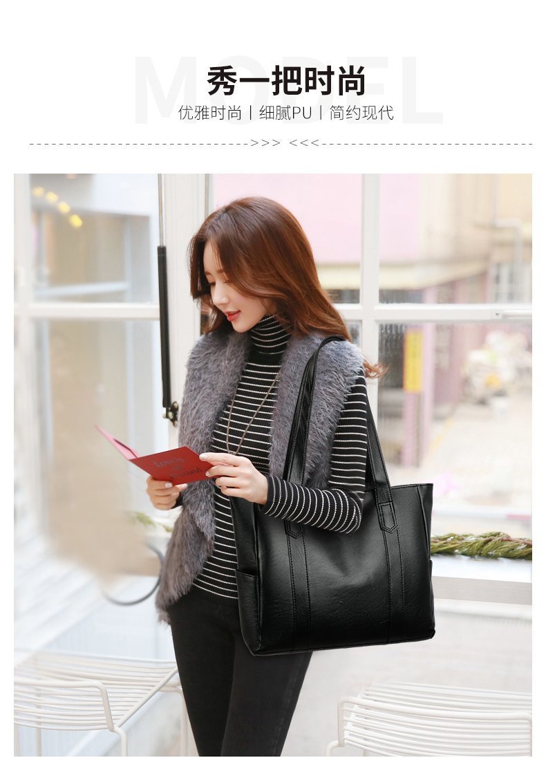 Large Soft PU Tote Bag for Women Casual Solid Bucket Shoulder Bag - Image 3