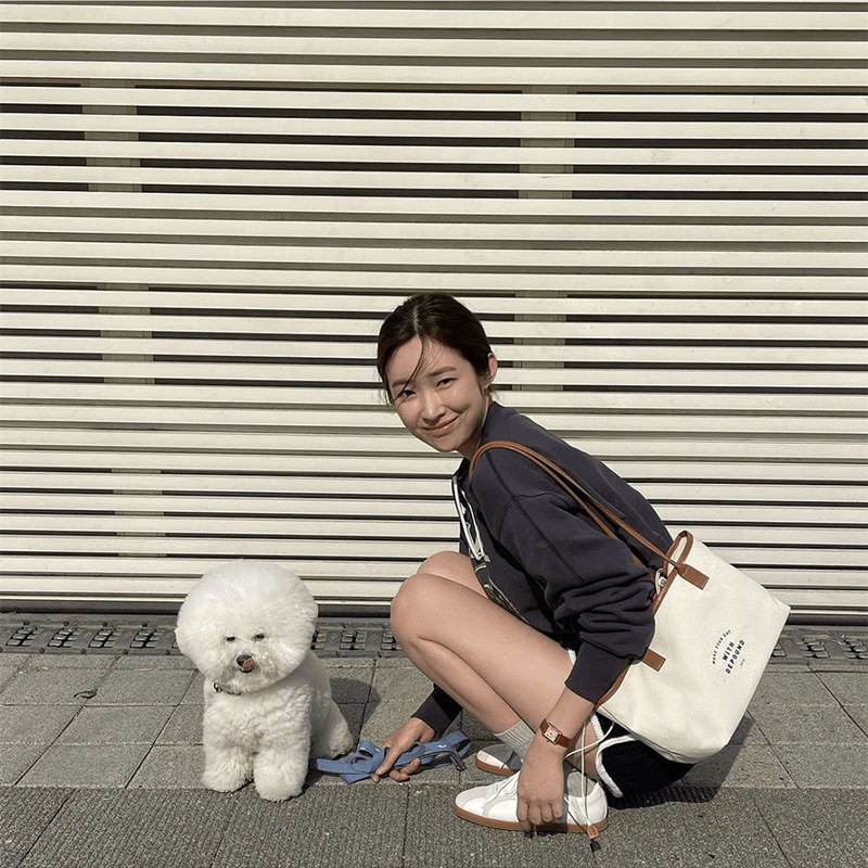 Korean Style Color Block Letter Print Drawstring Canvas Tote Bag Women's Bucket Shoulder Bag - Image 2