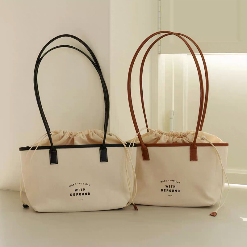 Korean Style Color Block Letter Print Drawstring Canvas Tote Bag Women's Bucket Shoulder Bag
