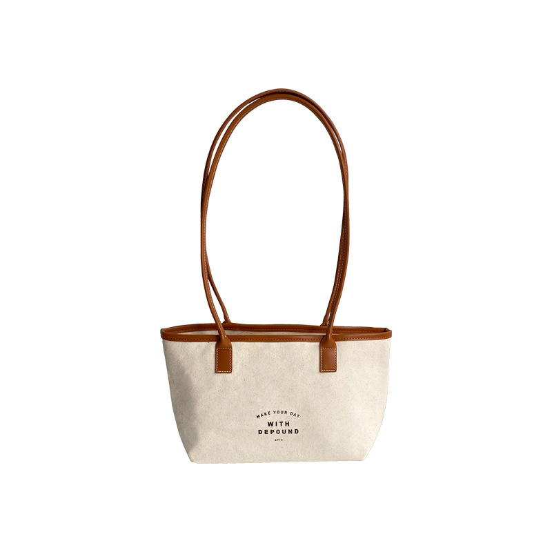 Korean Style Color Block Letter Print Drawstring Canvas Tote Bag Women's Bucket Shoulder Bag - Image 5