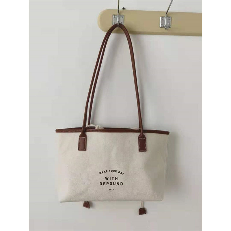 Korean Style Color Block Letter Print Drawstring Canvas Tote Bag Women's Bucket Shoulder Bag - Image 3