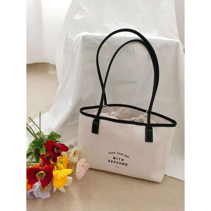 Korean Style Color Block Letter Print Drawstring Canvas Tote Bag Women's Bucket Shoulder Bag - Image 4