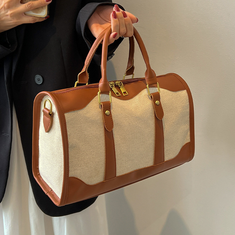 2023 New Retro Large Capacity Travel Bag Women Fashion Boston Crossbody Bag Versatile Canvas and Leather Handbag