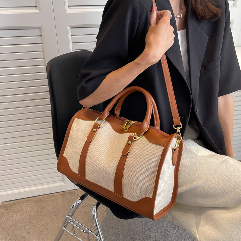 2023 New Retro Large Capacity Travel Bag Women Fashion Boston Crossbody Bag Versatile Canvas and Leather Handbag - Image 3
