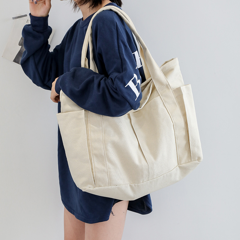 Canvas Tote Bag Women 2023 New Korean Style Casual Large Capacity Shoulder Bag Wide Strap Handbag