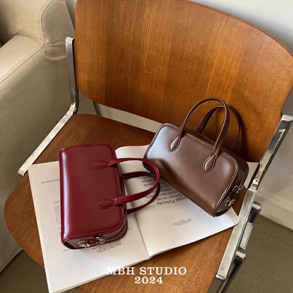 MBH Premium Niche Design Minimalist Genuine Leather Boston Crossbody Handbag with Shoulder Strap