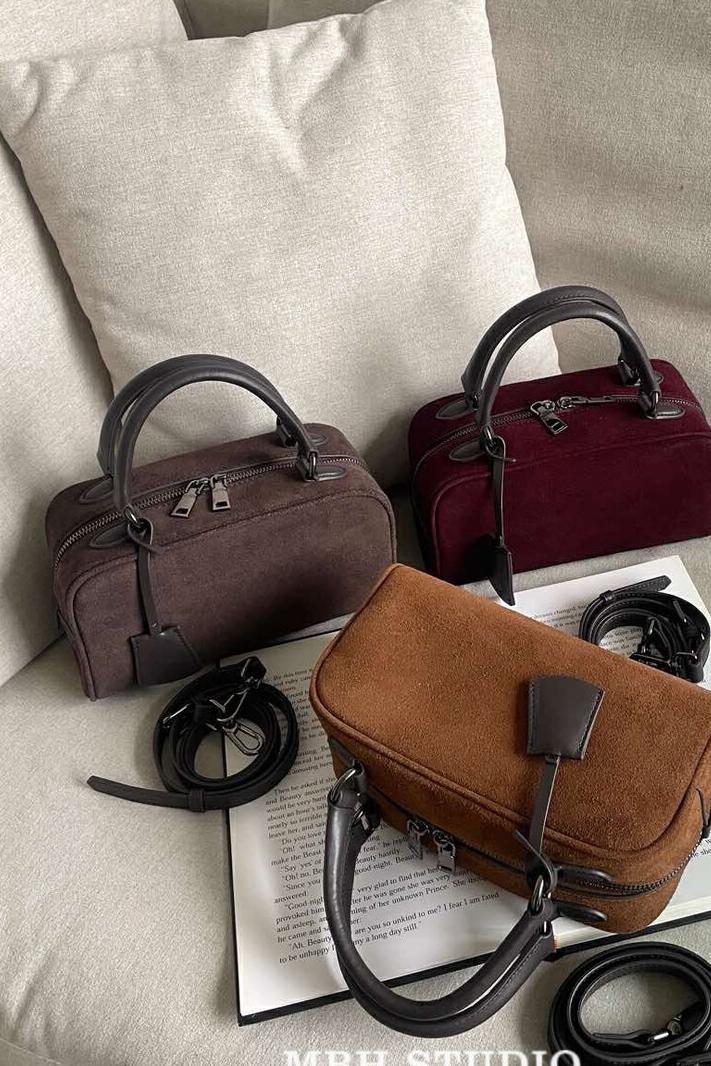 MBH Matte Leather Simple Retro Bowling Bag with Shoulder Strap and Charm - Image 5